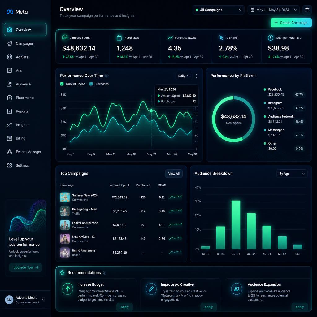 Meta ads dashboard showing campaign performance